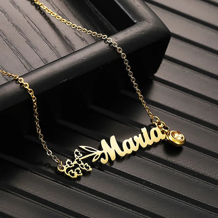Customized Horizontally Birth Flower & Birthstone Name Necklace