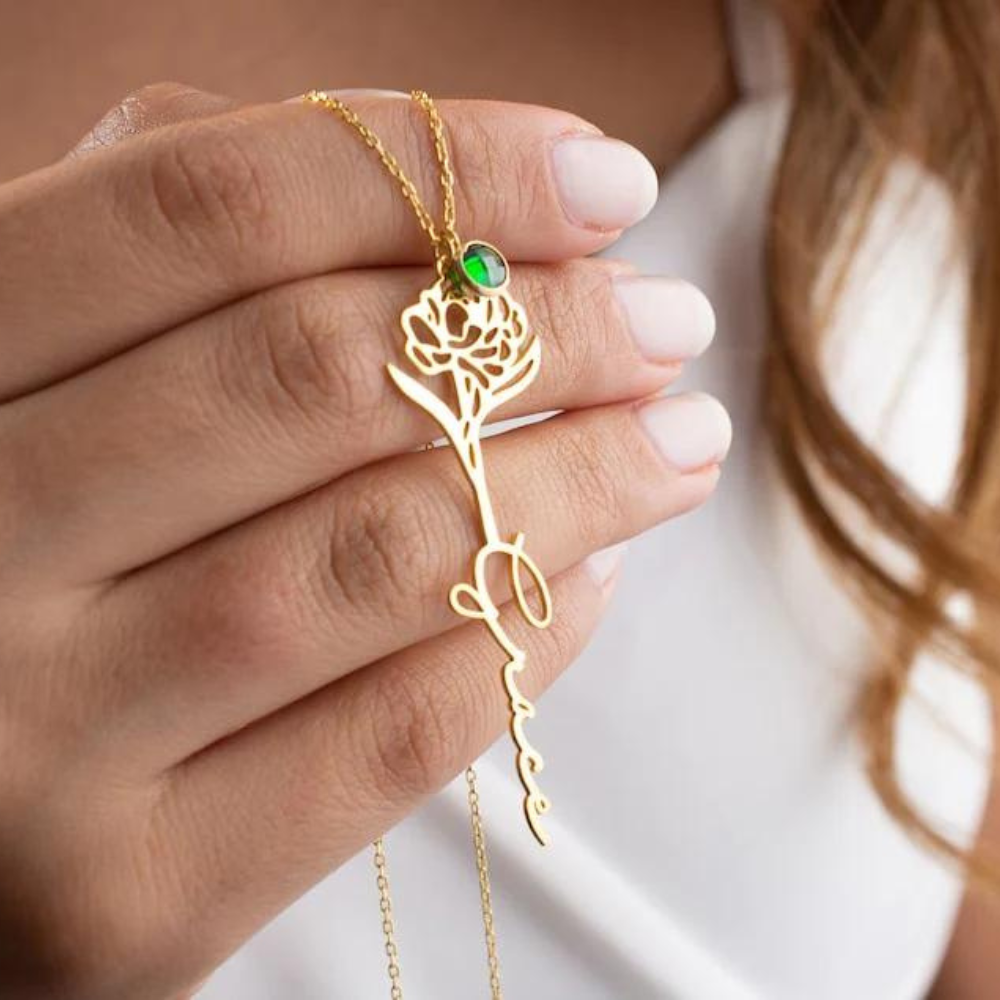 Name Necklace With Birth Flower Birth Stone