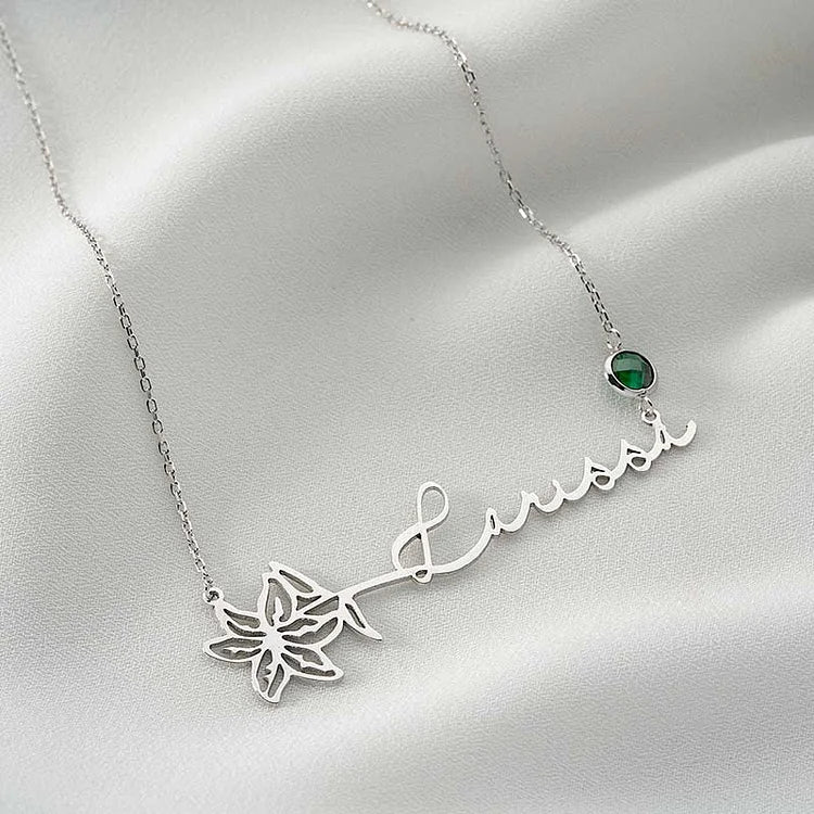 Customized Horizontally Birth Flower & Birthstone Name Necklace