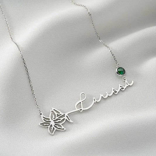 Customized Horizontally Birth Flower & Birthstone Name Necklace