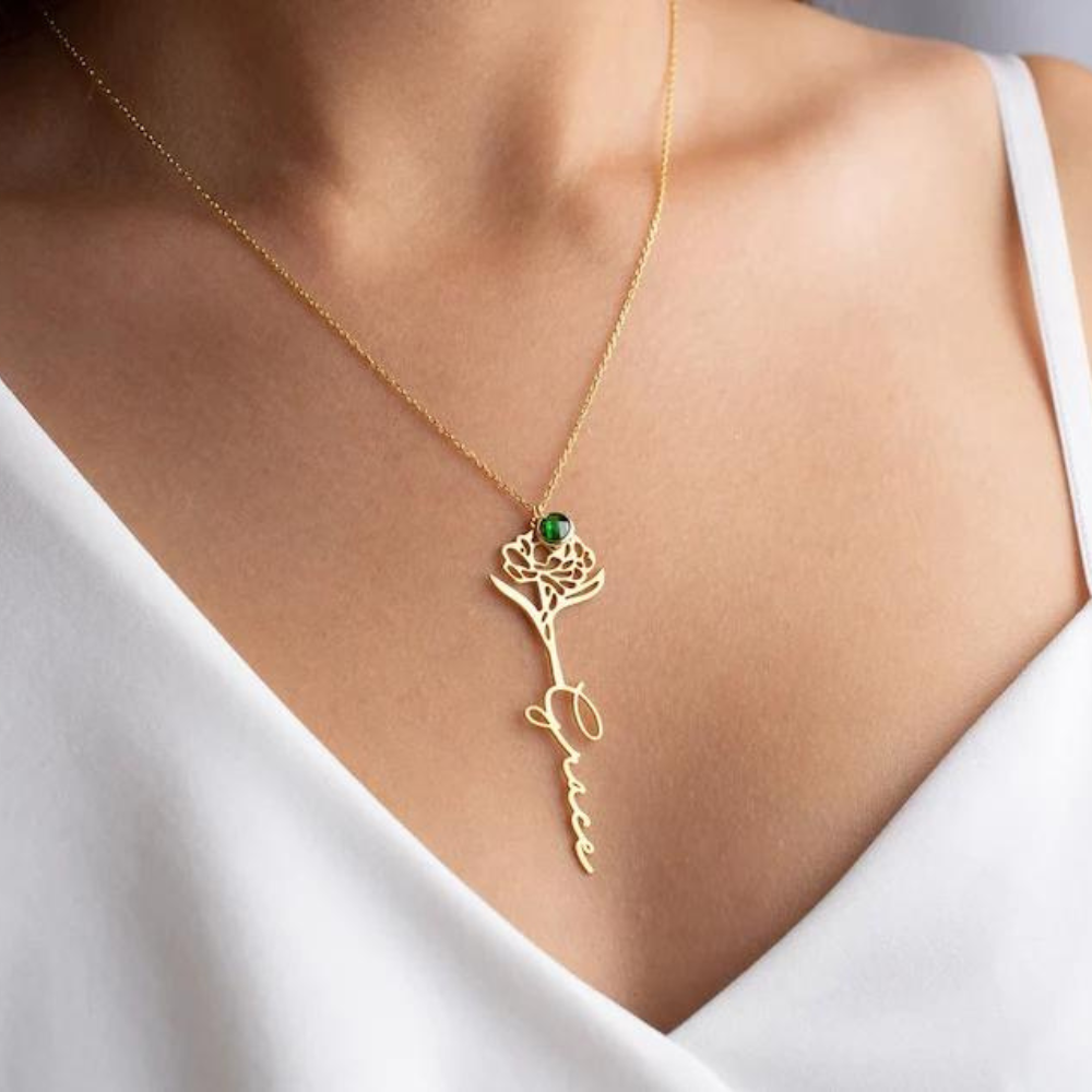 Name Necklace With Birth Flower Birth Stone