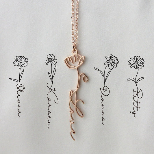 Birth flower Signature Name Necklace