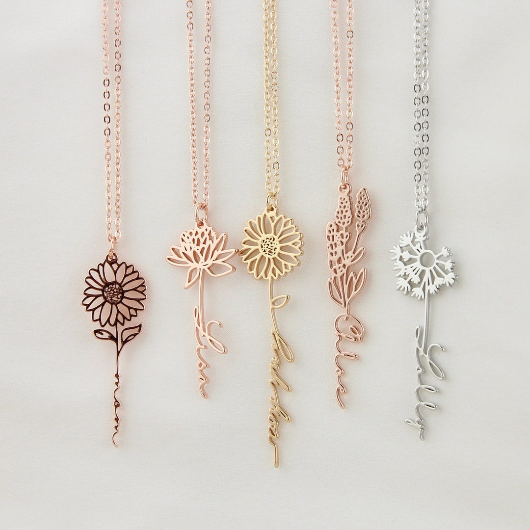 Birth flower Signature Name Necklace