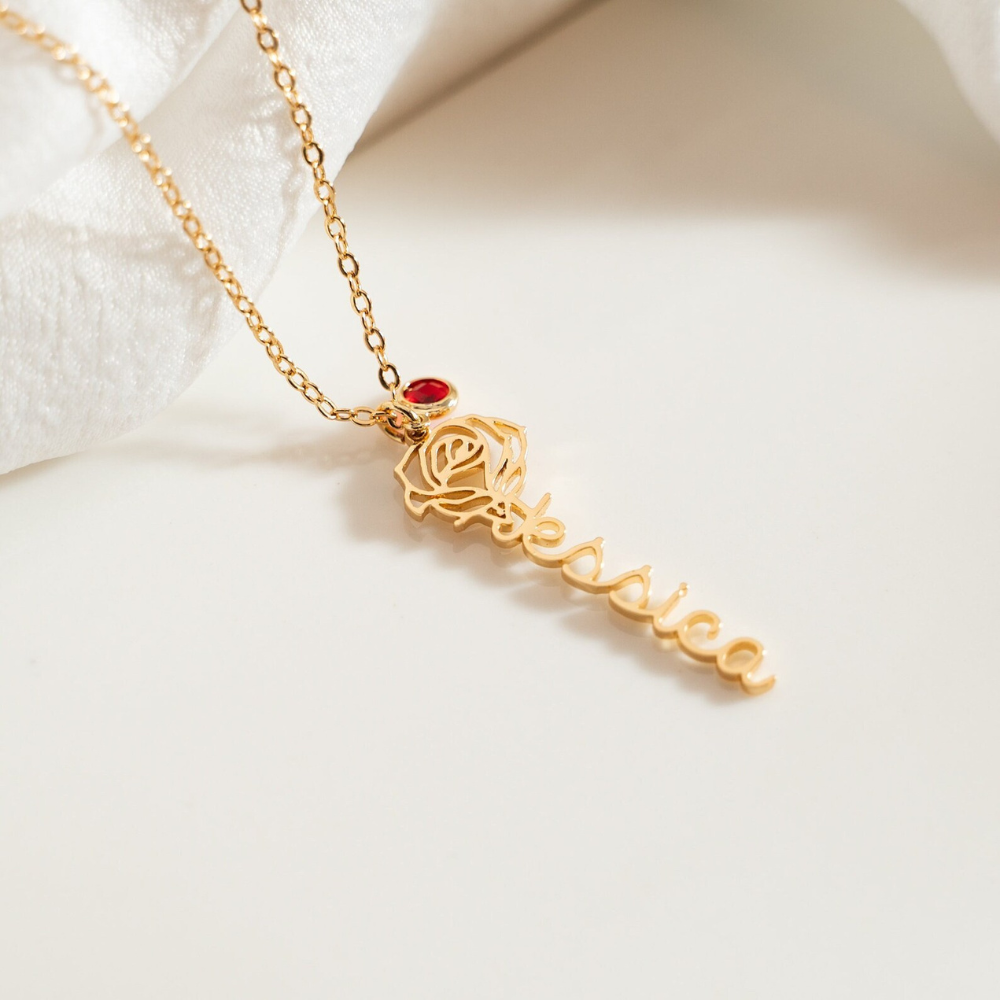 Name Necklace With Birth Flower Birth Stone