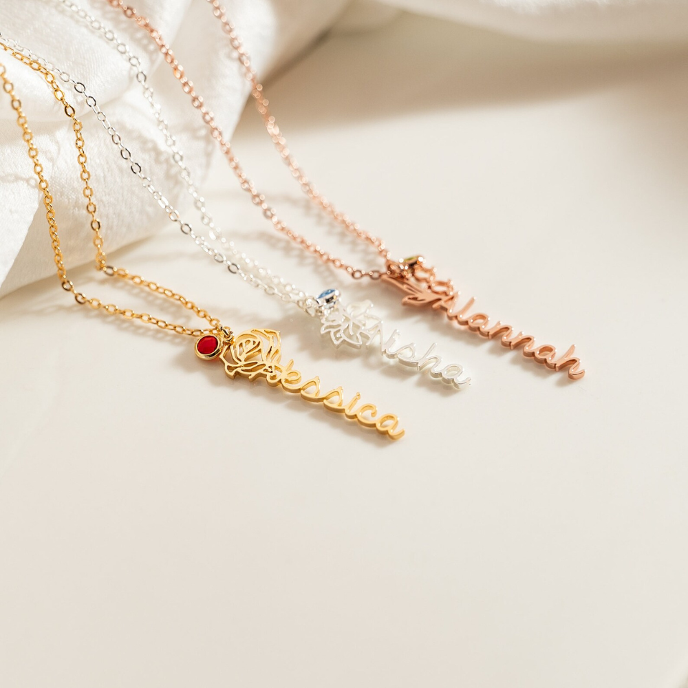 Name Necklace With Birth Flower Birth Stone