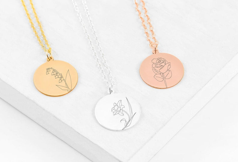 Birth Flower Disc Name Necklace