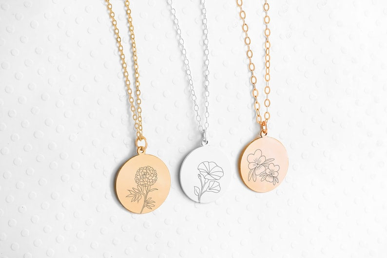 Birth Flower Disc Name Necklace