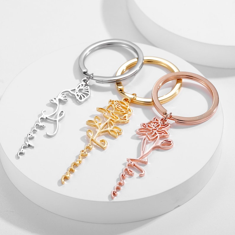 Custom Name Birth Flower Keychain