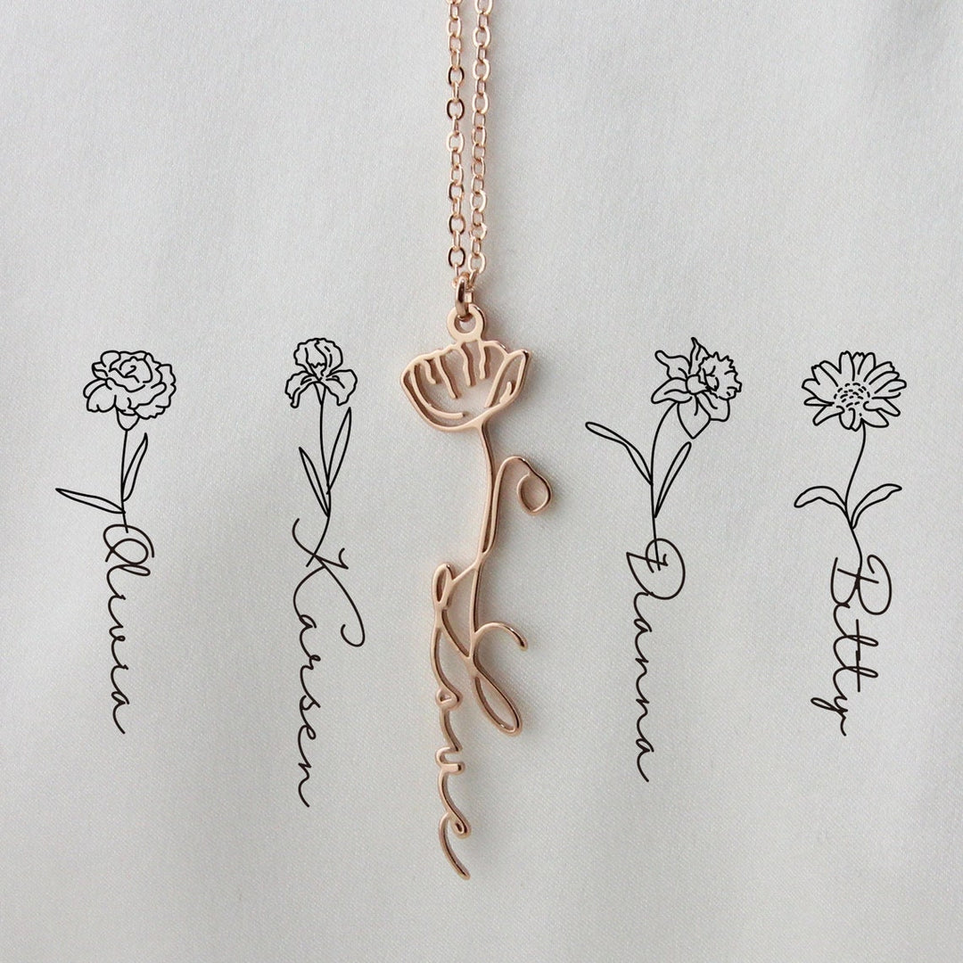 Birth flower Signature Name Necklace
