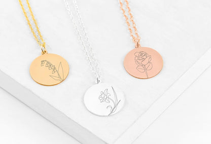Birth Flower Disc Name Necklace