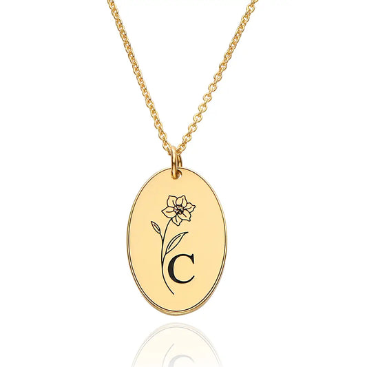 Birth Flower Initial Tag Necklace