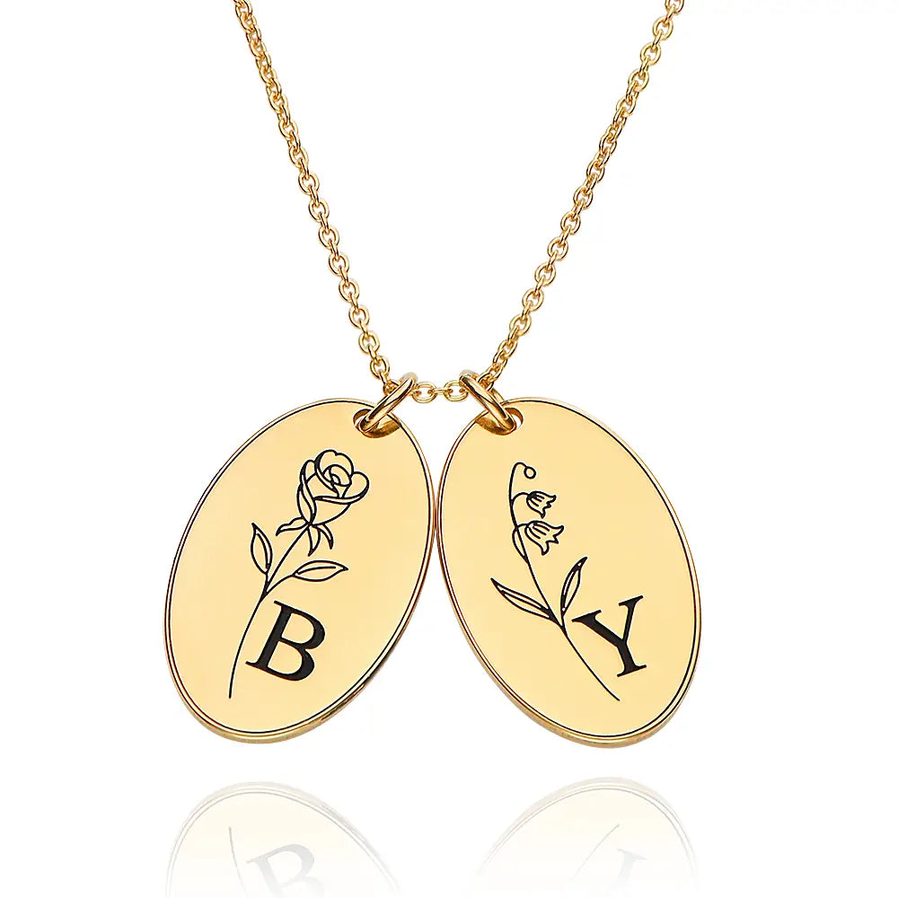 Birth Flower Initial Tag Necklace