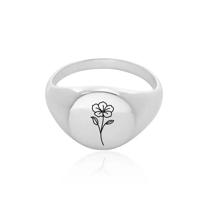 Engrave Birth flower Signet Ring